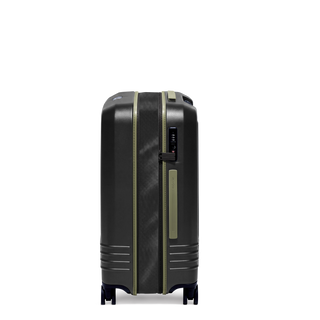 ROAM Matte Edit hardside expandable check-in suitcase in matte black with green trim, side view, expanded