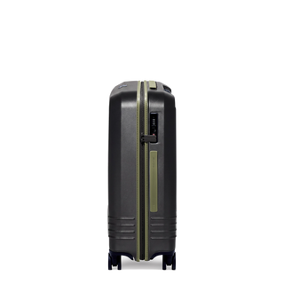 ROAM Matte Edit hardside check-in suitcase in matte black with green trim, side view