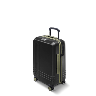 ROAM Matte Edit hardside carry-on suitcase in matte black with green trim, three-quarter view