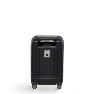ROAM Matte Edit hardside carry-on suitcase in matte black with green trim, back view