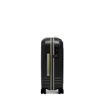 ROAM Matte Edit hardside carry-on suitcase in matte black with green trim, side view