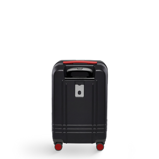 ROAM Matte Edit hardside carry-on suitcase in matte black with red trim, back view