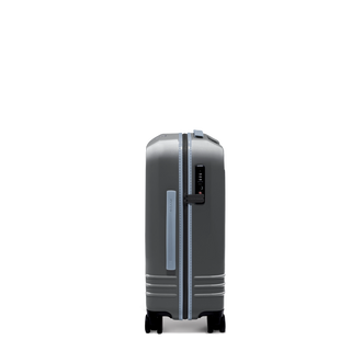 ROAM Matte Edit hardside carry-on suitcase in matte steel with slate trim, side view