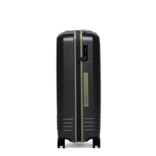 ROAM Matte Edit hardside expandable large check-in suitcase in matte black with green trim, side view