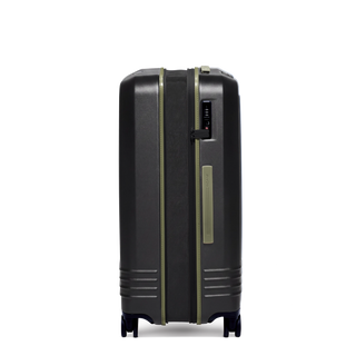 ROAM Matte Edit hardside expandable large check-in suitcase in matte black with green trim, side view, expanded