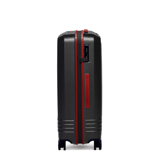 ROAM Matte Edit hardside expandable large check-in suitcase in matte black with red trim, side view