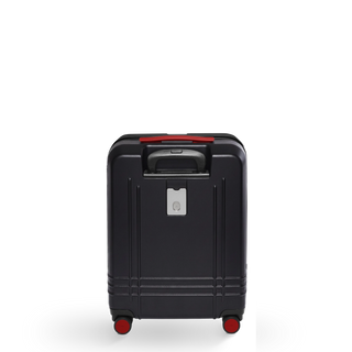 ROAM Matte Edit hardside large carry-on suitcase in matte black with red trim, back view
